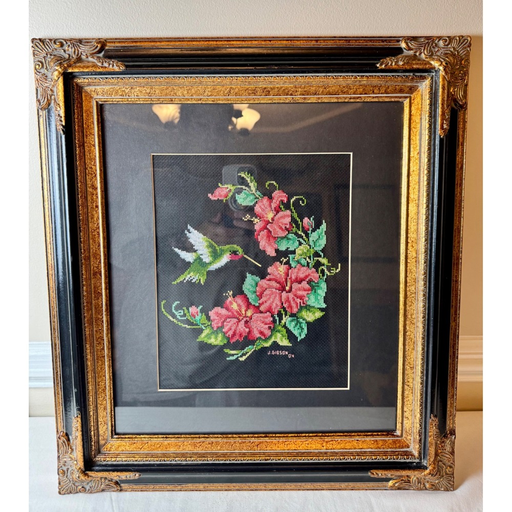 Vintage Hummingbird Hibiscus Cross Stitch Ornate Gold Frame w Glass Art 19x21"